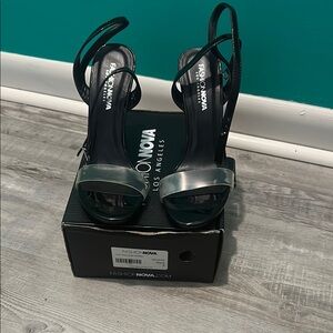 Fashion Nova Black and Silver Women's Heels